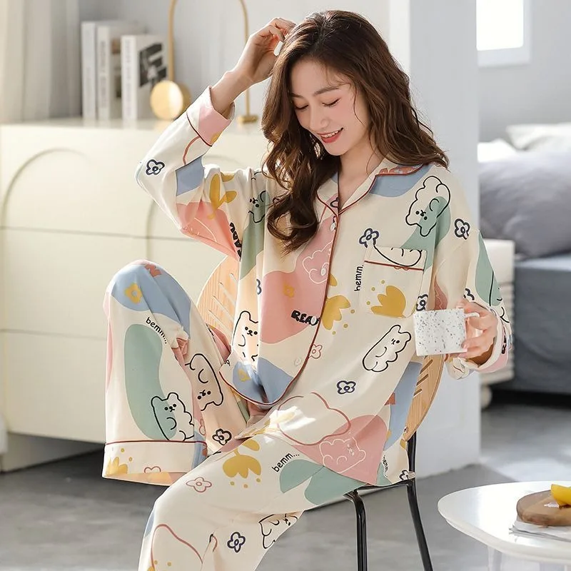 2024 New Women Pajamas Spring Female Pure Cotton Long-Sleeved Cardigan Cartoon Cute Sleepwear Sets Casual Loose Homewear Suit