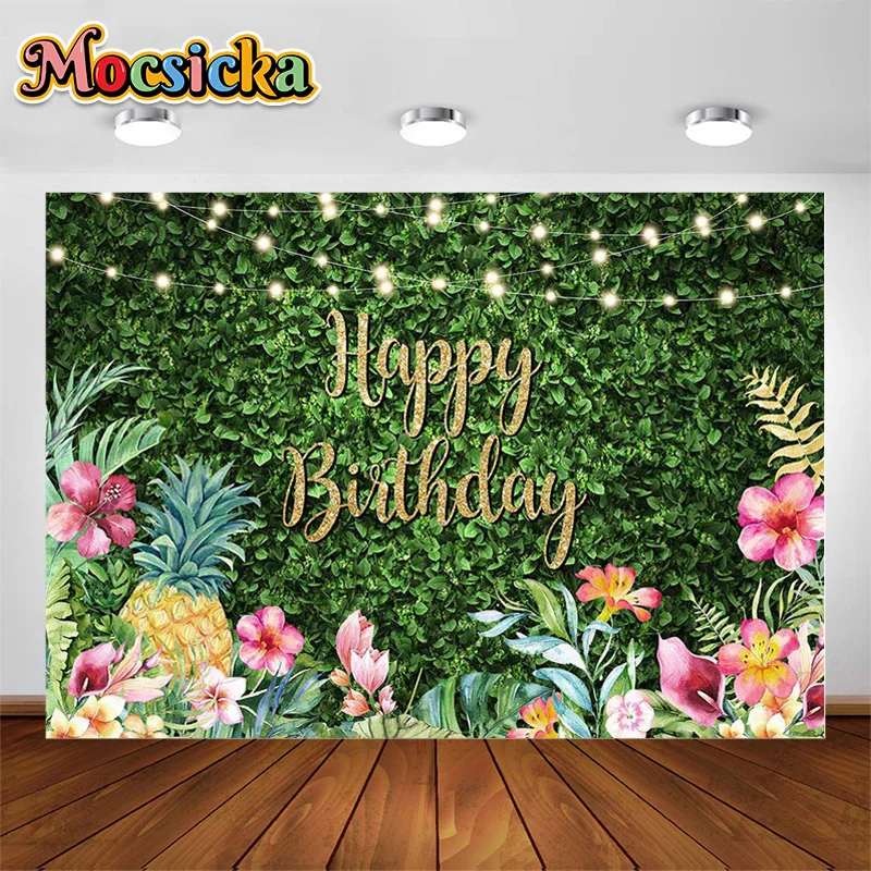 

Mocsicka Hawaii Aloha Grass Wall Background Flowers Pineapple Birthday Party Decoration Banner Portrait Photo Backdrop Photocall