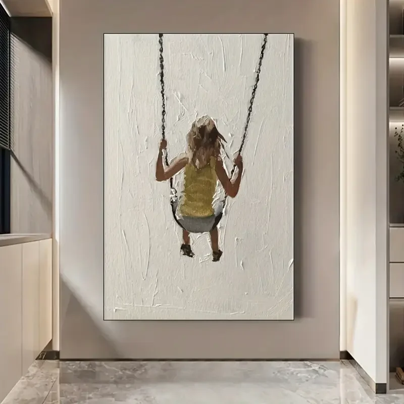 Marca Mhemyo, pittura a olio con texture dipinta a mano su tela, ragazza affascinante su altalena, arte da parete a tema