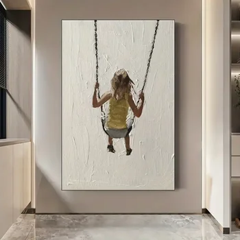 Marca Mhemyo, pittura a olio con texture dipinta a mano su tela, ragazza affascinante su altalena, arte da parete a tema