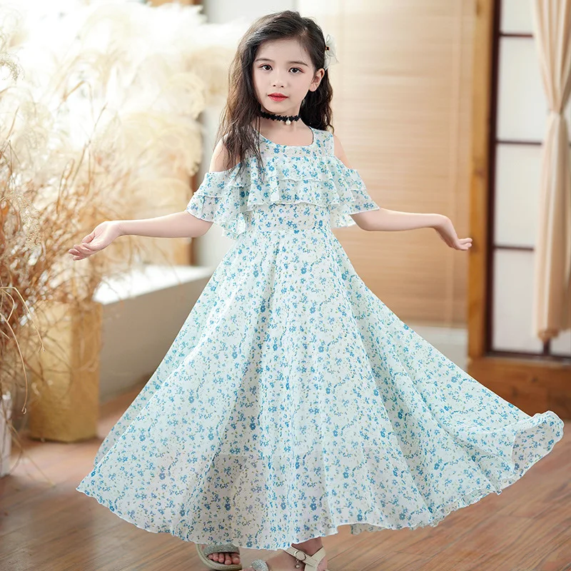 

Girl Sweet Blue Floral Print Dresses Fashion Summer Princess Costumes Kids Party Clothes