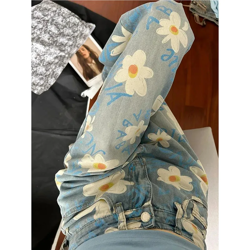 

Small Daisy Print Fashion Loose Joker Pocket Zipper Jeans Women's Summer Design Sense High Waiststraight Loose Wide Leg Mop Pant