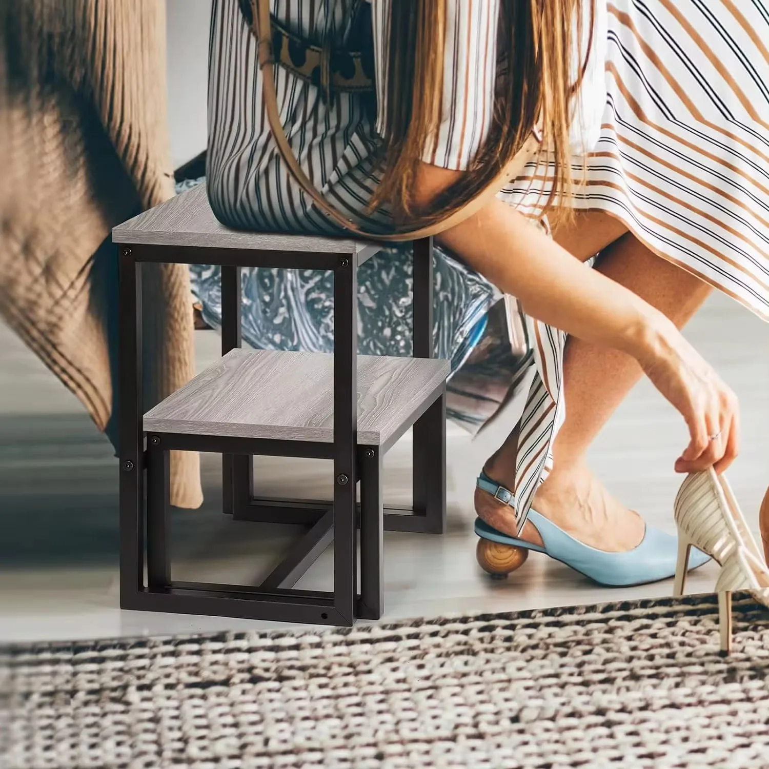 "Heavy-Duty Wooden Step Stool for Adults: 3-in-1 Bed Step Stool with Metal Frame, Supports Up to 500 lbs, Ideal for Kitchen & Ba