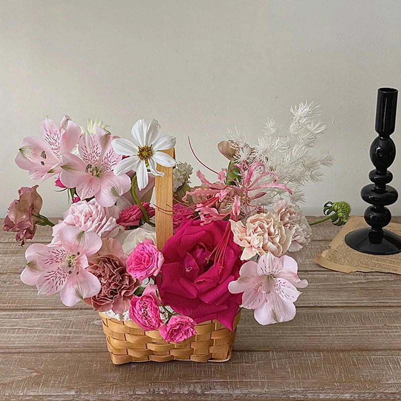 Hand Made Flower Basket Portable Handle  Basktes Organizer  Wicker Rattan Storage Box Kitchen Outdoor Pincnic Food Basket 4