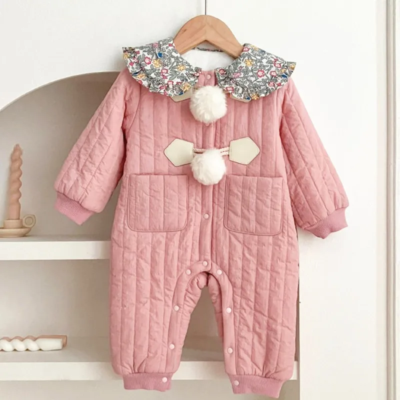 

Winter Newborn Baby Thickened Warm Romper Jumpsuit Cute Printing Flower Cotton-padded Clothes Romper Infant Baby Girls Clothing