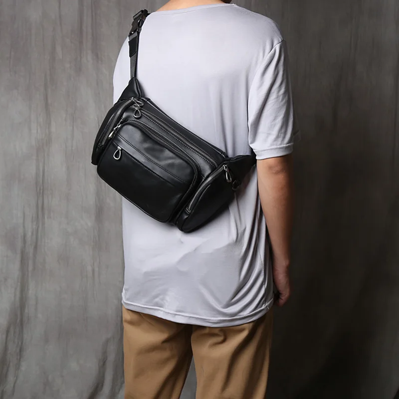 NZPJ Genuine Leather Men's Chest Bag, Top Layer  Cowhide Crossbody Bag, Casual Men's Bag, Outdoor Sports Waist Bag  Tablet Case