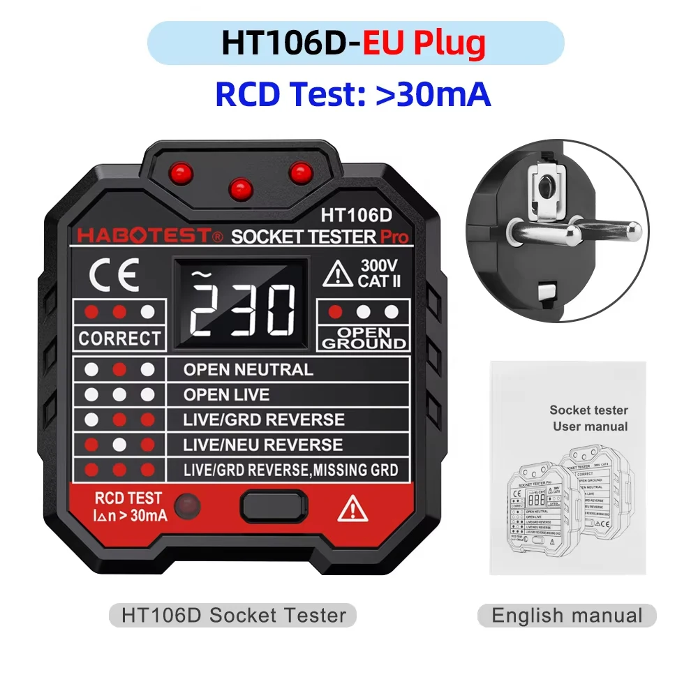 Ht106b/d/e digitaler steckdosen tester pro spannungs test steckdosen detektor us/eu/uk stecker erdung nulllinie phasen prüfung rcd ncv tester