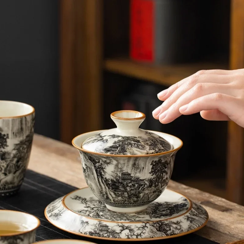 170ML Ru Kiln Landscape Porcelain Gaiwan Set For Tea Tureen Teaware Cup Chinese Yellow Ceramic Opening Tea Bowls Ceremony