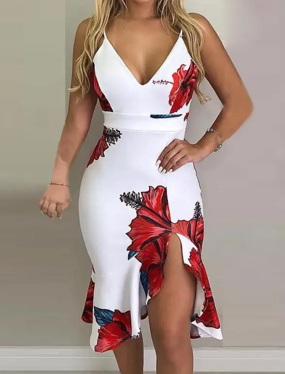 

Spring/summer 2023 New Hot Selling Fashion Women's Italian Noodle Strap Print Slim Fit Ruffle Dress