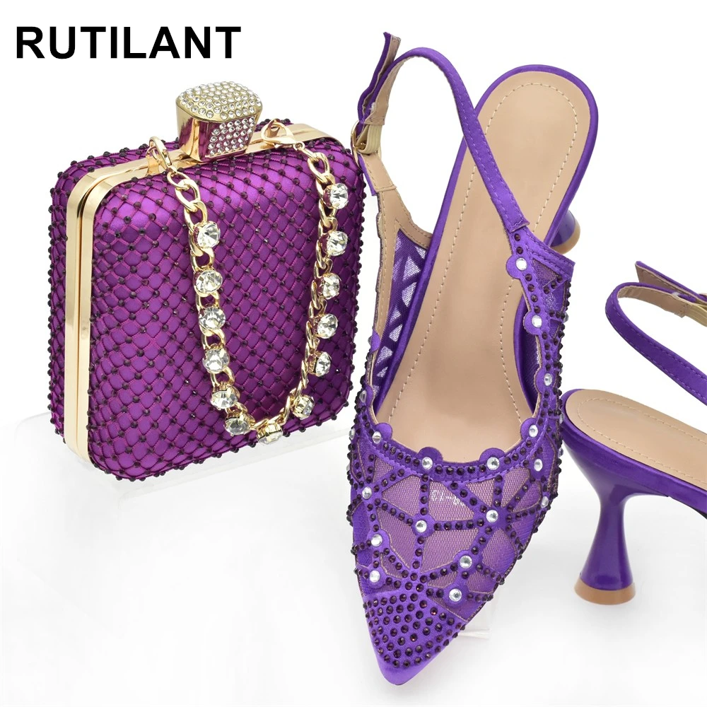 

New Fashion Crystal Decoration Style Italian Shoes and Bags Matching Set Wedding Shoes Bride Africa Shoe and Bags Set for Party