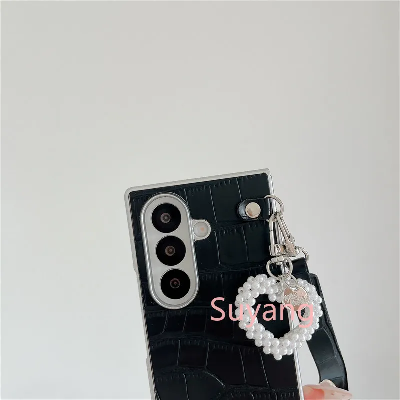 Pearl Heart Pu Leather Alligator Pattern Case For Samsung Galaxy Z Fold_voghion.com