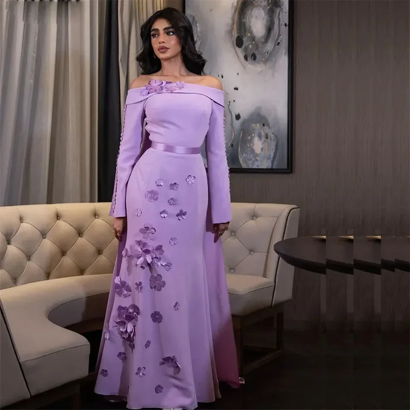 

Elegant 2024 Mermaid Evening Dresses Off the Shoulder Flower Long Sleeve Prom Dress with Detachable Train Satin Formal Dresses