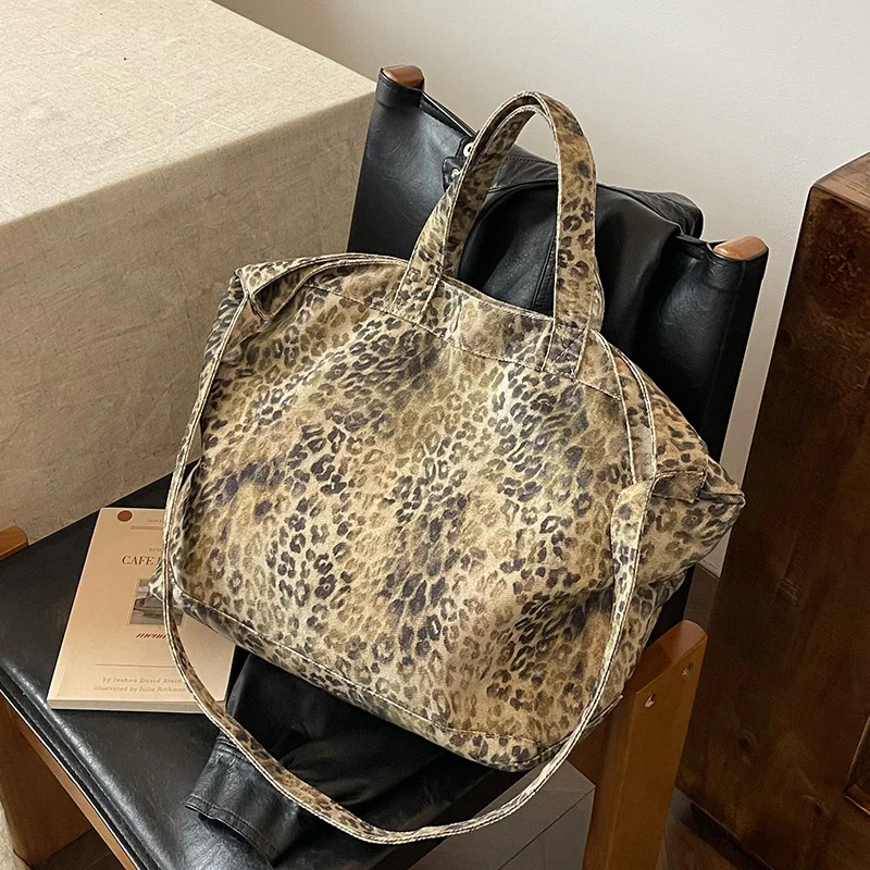 NEW Leopard Pattern Tote Bag Vintage Canvas Shoulder Bag Fashion Big Capacity Handbag For School Work Shopping