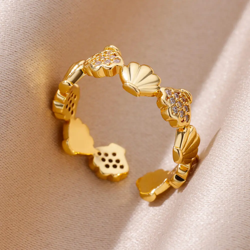 Zircon Shell Opening stainless steel Adjustable gold plated ring for women