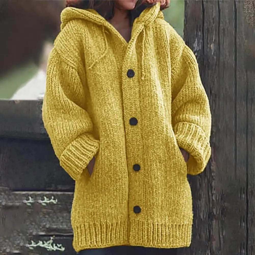 Hooded Thick Sweater Women Autumn Winter Solid Color Pockets Warm Single-breasted Long Knitted Cardigan Women Jacket Sweater cable knit sweater