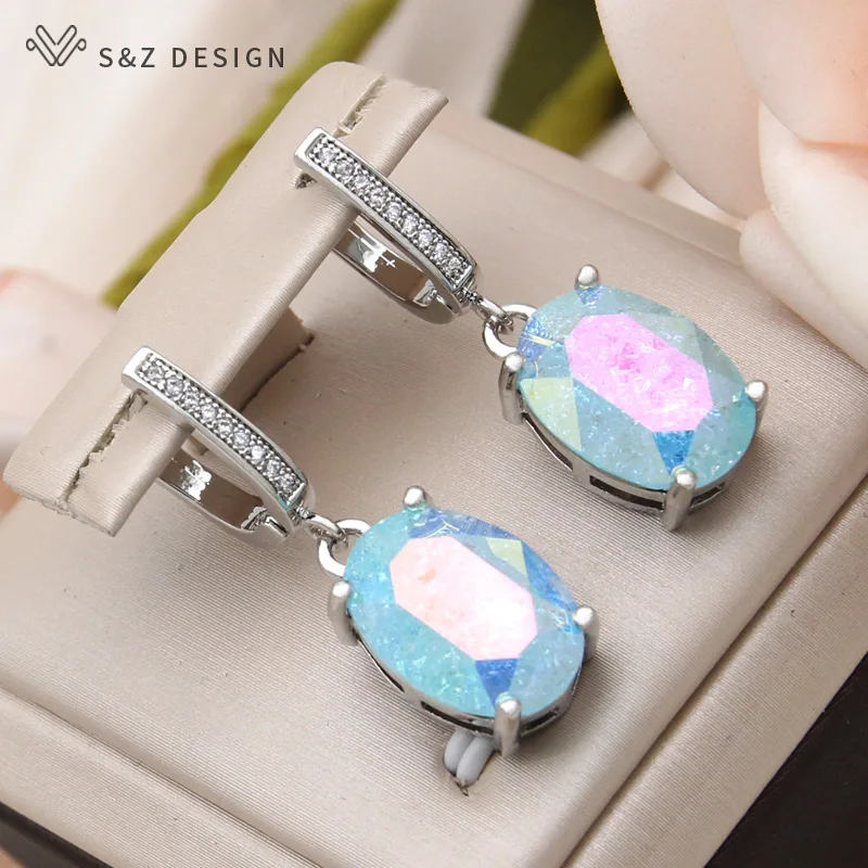 S&Z DESIGN New Fashion Ice Crack Egg Shape Oval Crystal Dangle Earrings For Women 585 Rose Gold Color Cubic Zirconia Jewelry