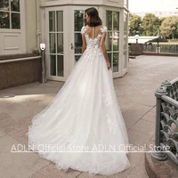Woman Wedding Dress Customized Cap Sleeve Scoop Neck Lace Applique Sweep Train Illusion Back Buttons Princess Bridal Gown 2