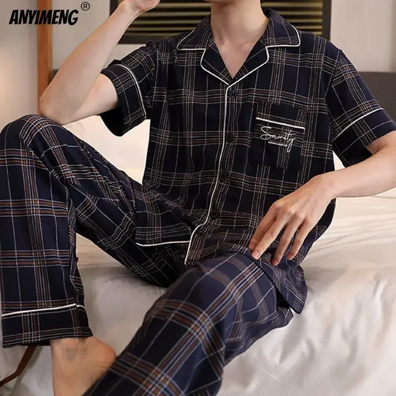 Pajama sets L-5XL Plus Size Mens Sleepwear Summer Short Sleeves Turn-down Collar Pajamas Set Gentleman Homewear Casual Cotton Pijamas
