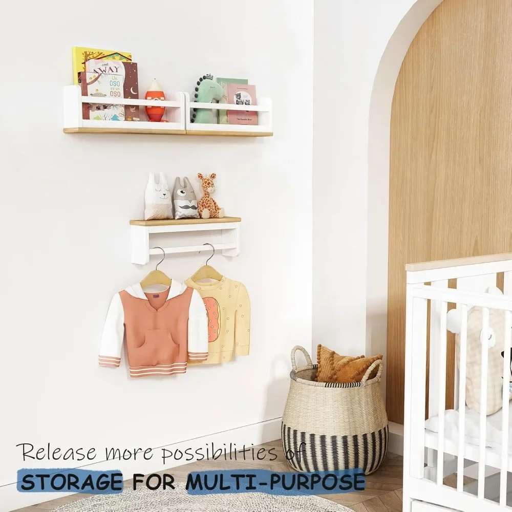 Small Kids Bookshelves Wall Mounted 3-Pack, White Floating Nursery Book Shelves for Kids Room Bedroom, Solid Wood Hanging 5