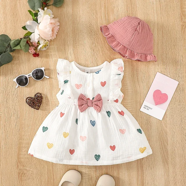 Newborn Baby Girl Sweet Cotton Dress Sleeveless Love Pattern Dress+Hat 2PCS Summer Beach Clothing for Infant Girl 0-9 Months 1