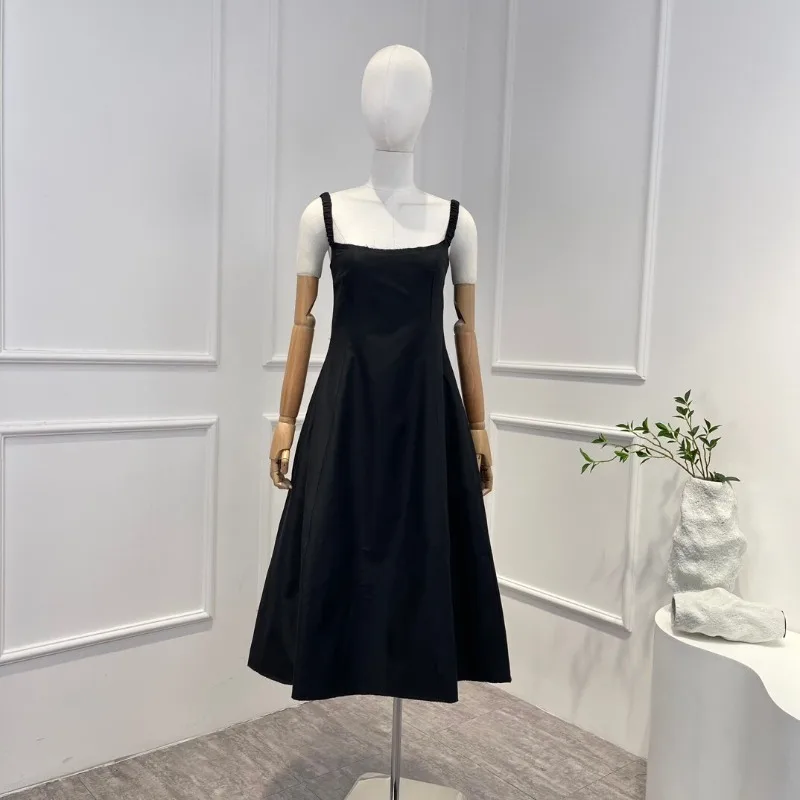 

2023 New Arrivals High Quality Elegant Spaghetti Strap Sleeve Square Collar Solid Black Midi Dress for Women