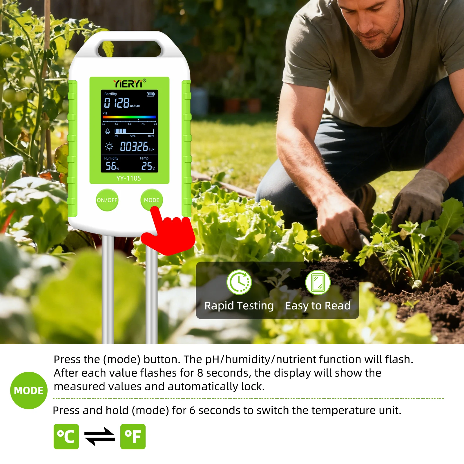 6-in-1 Soil PH Meter Fertility Temperature Humidity Light Tester 90° Rotatable L