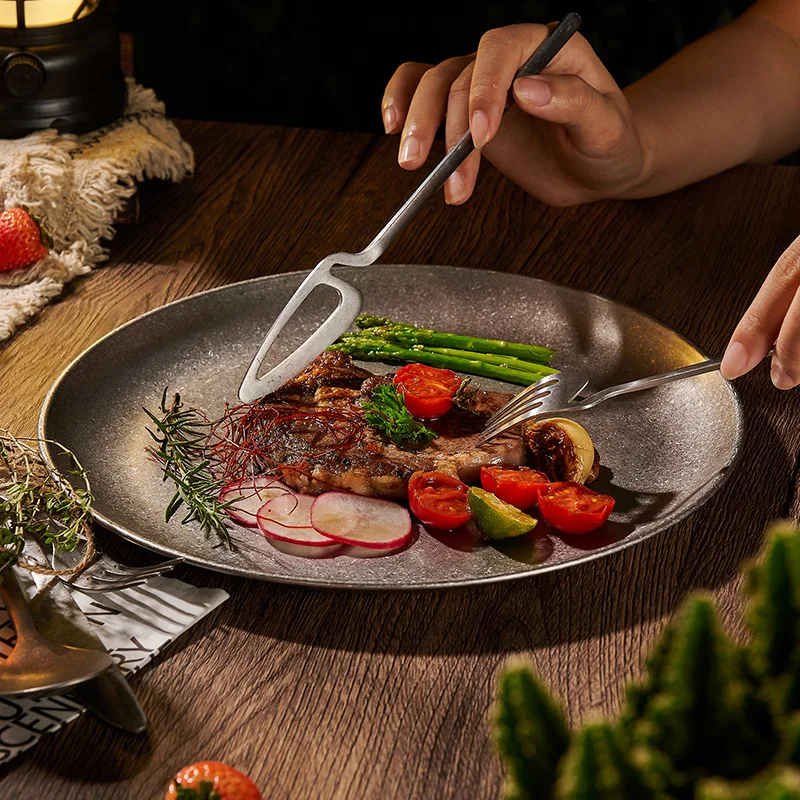 Retro Stainless Steel Storage Trays Kitchen Dinner Plate Round Snow Gray Tableware Plate Coffee Dessert Cake Serving Dishes