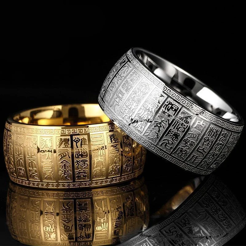Anillo de acero de titanio con grabado de caracteres de sello chino, Taiyi, Mantra de luz dorada, joyería con dijes de buena suerte