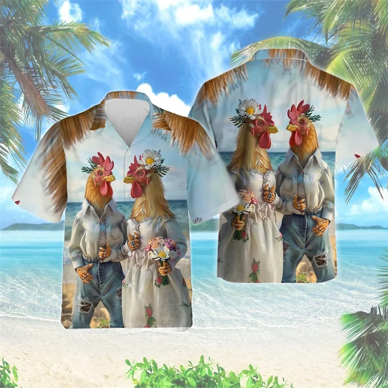 thumbnail image 1 of Camisa hawaiana con estampado 3D de gallo de dibujos animados para hombre, divertidas camisas Aloha con estampado de animales, blusas de calle unisex, blusas con solapa, mangas cortas, 1 of 5