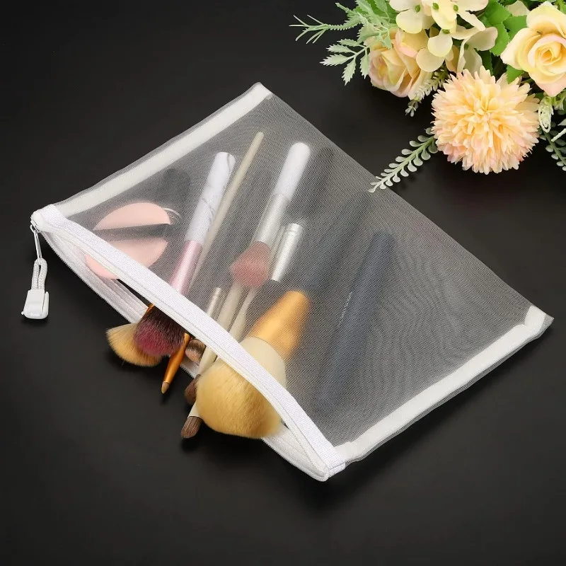 Translucent Mesh Cosmetic Bag Handheld White Border Document Pouch Stationery Supply Convenient Lightweight Zipper Storage Bags
