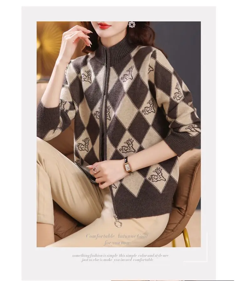 Women's Korean Vintage Plaid Sweaters Cardigan Autumn Winter Casual All-match Stand Collar Zipper Knitted Tops Female Clothing