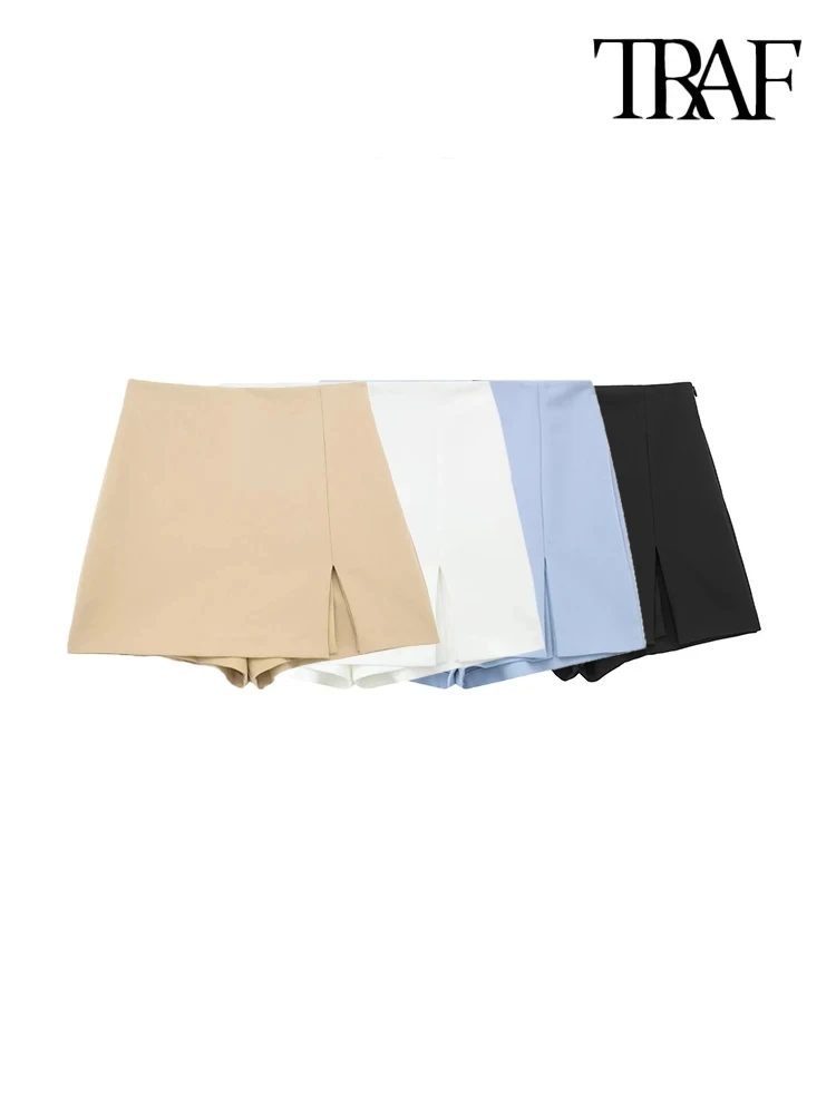 TRAF-Women's Front Slit Shorts Skirts With Side Zipper, High Waist, Female Skort,Fashion