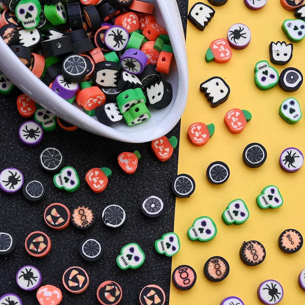 50 Stück gemischte Halloween-Serie Polymer-Ton-Perlen, mehrere Stile gemischter Perlen für die Schmuckherstellung, DIY-Armband, Halskette, Perlen – Detail 4