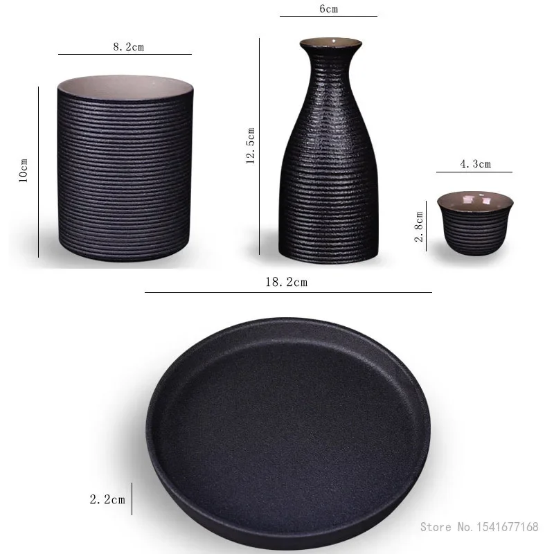 Japanese Style Ceramic Sake Pot Cup Set, Home Meal Supplies, Black Pottery Liquor Flask, Wine Bottle Cups Tray, 9Pcs Set
