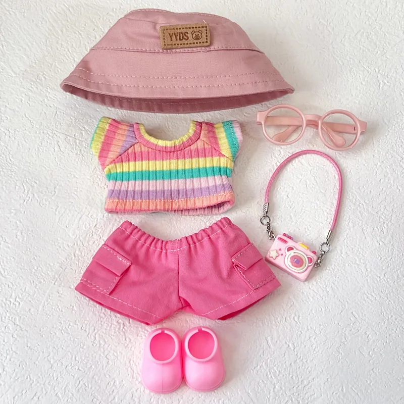 Kleidung für Labubu 15/17 cm Puppen Gen 1–3 niedlicher Regenbogen-Rosa-Overall-Set mit Kopfhörern und Schuhen, Bekleidungshängezubehör – Detail 23