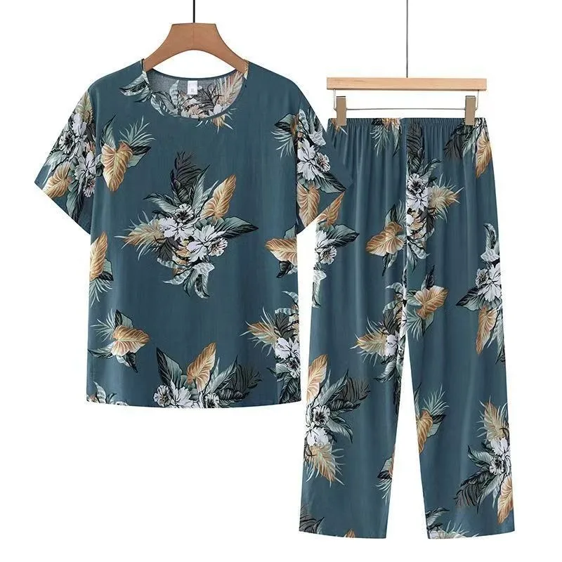 Casual silk ice fabric loose in large size, two-piece set with short sleeves, summer clothes in plus sizes, women's pajamas