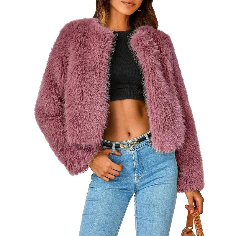 Imitation Fur Short Jacket Luxury Elegant 2023 Autumn Winter New Style Soild Color Warm Cardigan Crop Top Fluffy Furry Soft Coat