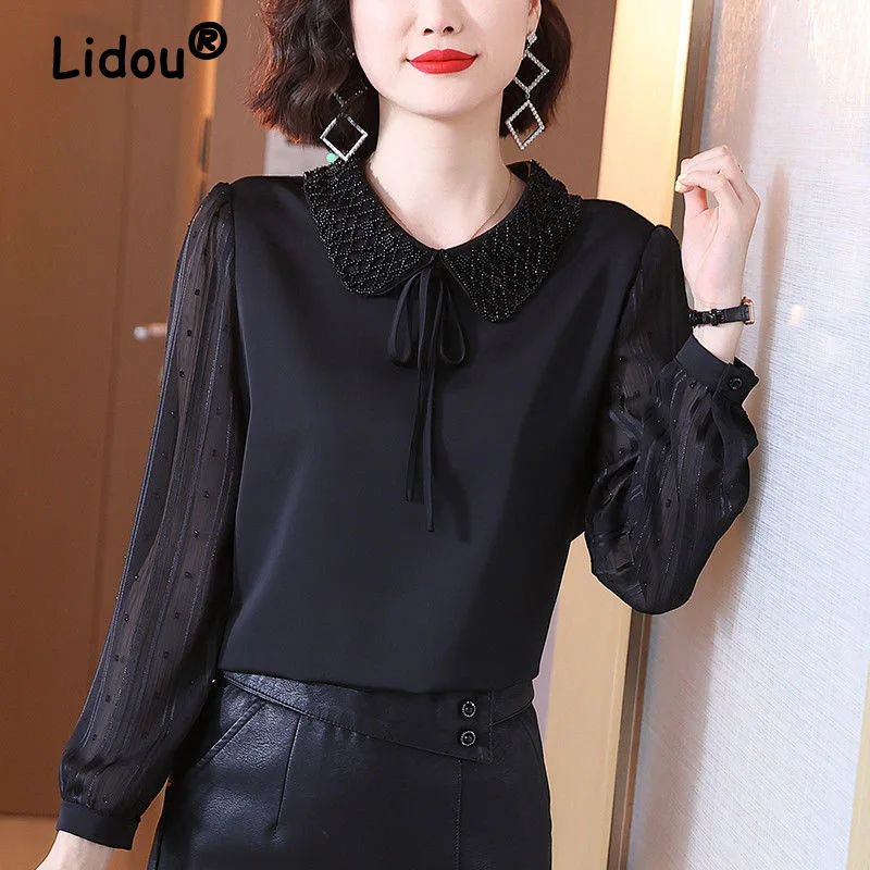 Spring Summer Fashion Black Mesh Long Sleeve Chiffon Shirt Aesthetic Urban Office Wear 2022 Korean Women Elegant Pullover Blouse