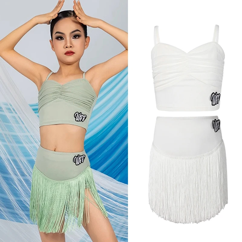 

Kids Latin Dance Clothes Summer Girls Green White Tops Fringe Skirt Cha Cha Dance Performance Dress Training Dancewear DNV19654