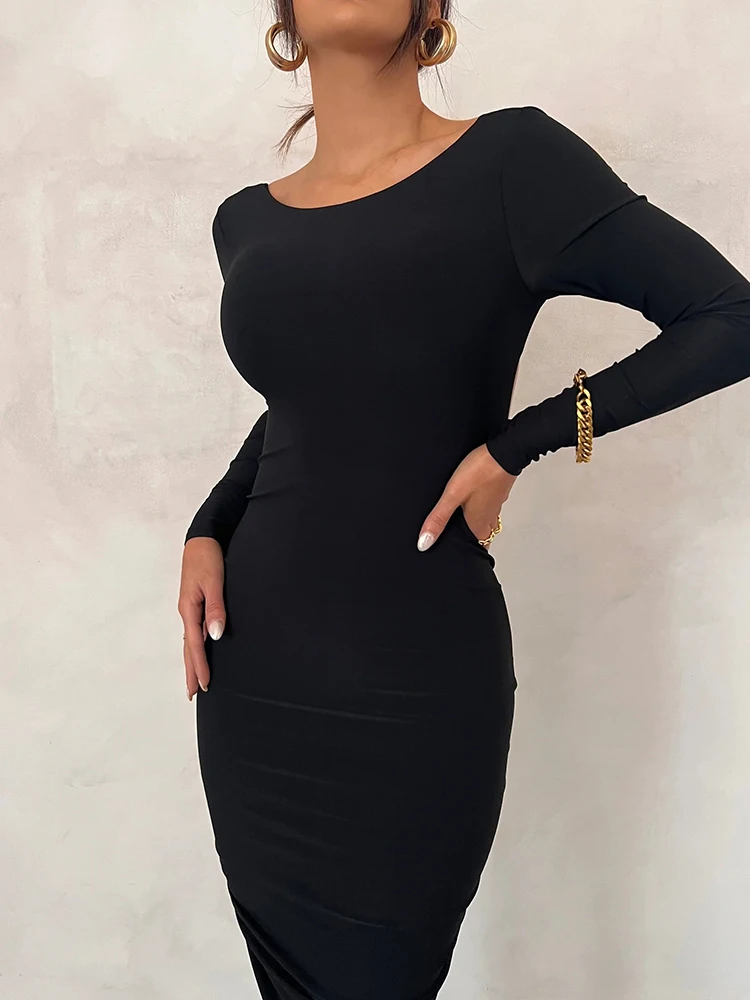 Sexy Backless Ruched Maxi Dress Women White Long Sleeve Evening Dresses Female Autumn Skinny Elegant Party Clubwear 2025