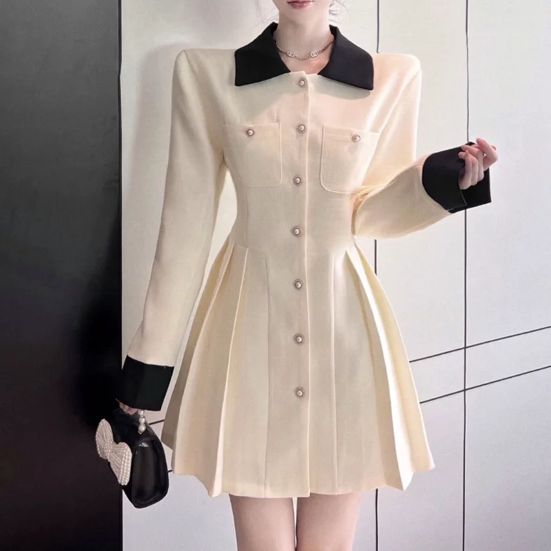 

Autumn New Contrast Mini Long Sleeve Dress Women Small Fragrance Lapel Slim Korea Pleated One-piece Sweet Dress Vestidos 1684