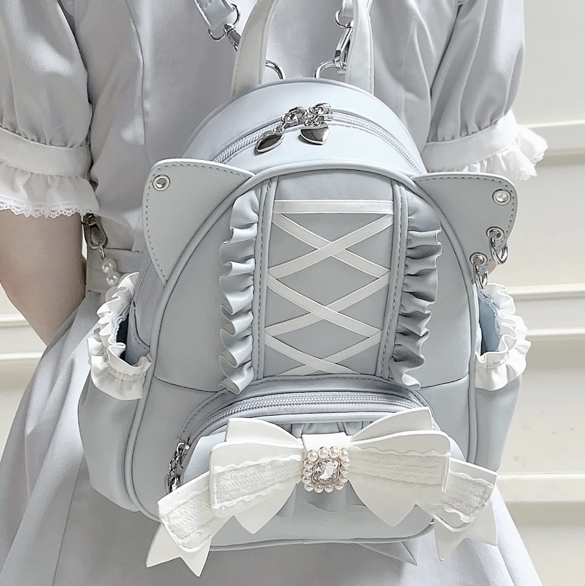 Japanese Mine Style Mass-Produced Lace Stitching Diamond Bow Ruffles Cat Ear Pu Sweet Cute Lolita Kawaii Zipper Backpack Women 6