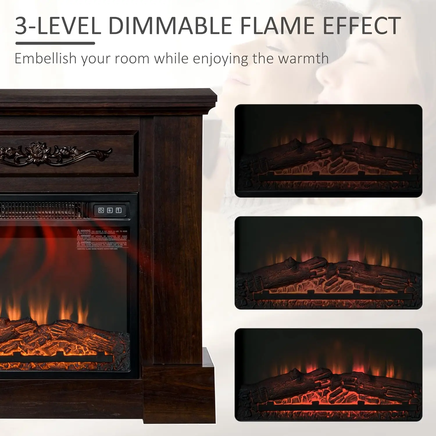 32" Electric Fireplace with Mantel, Freestanding Heater with LED Log Flame, Overheat Protection and Remote Control, 1400W, Brown 3