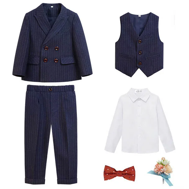 Children Boys Suit for Weddings Striped Navy Blue Formal Elegant Kis Boy Suit 2 To 14 Y Kids Boys School Uniform Outfit Suit Set