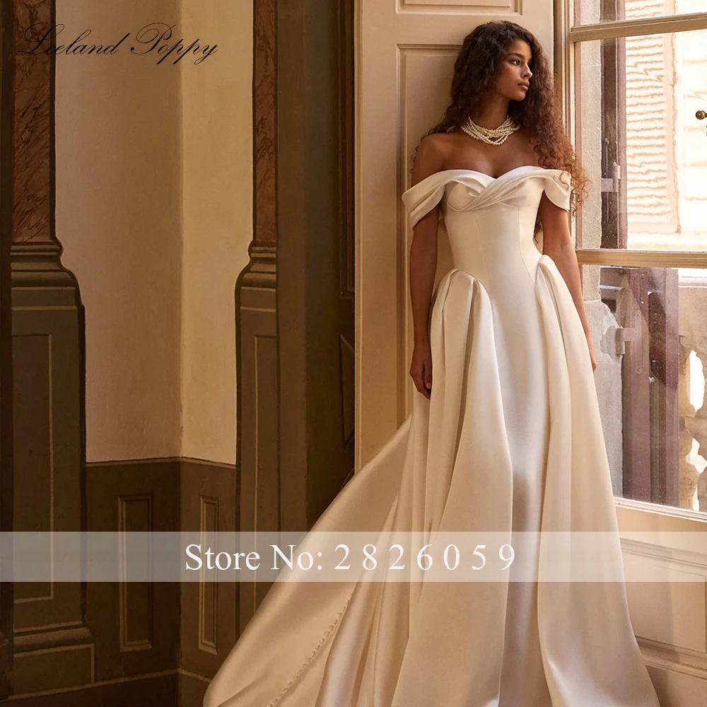 Lceland Poppy Customized A Line Mikado Satin Wedding Dresses Off the Shouler Bridal Gowns with Chapel Train