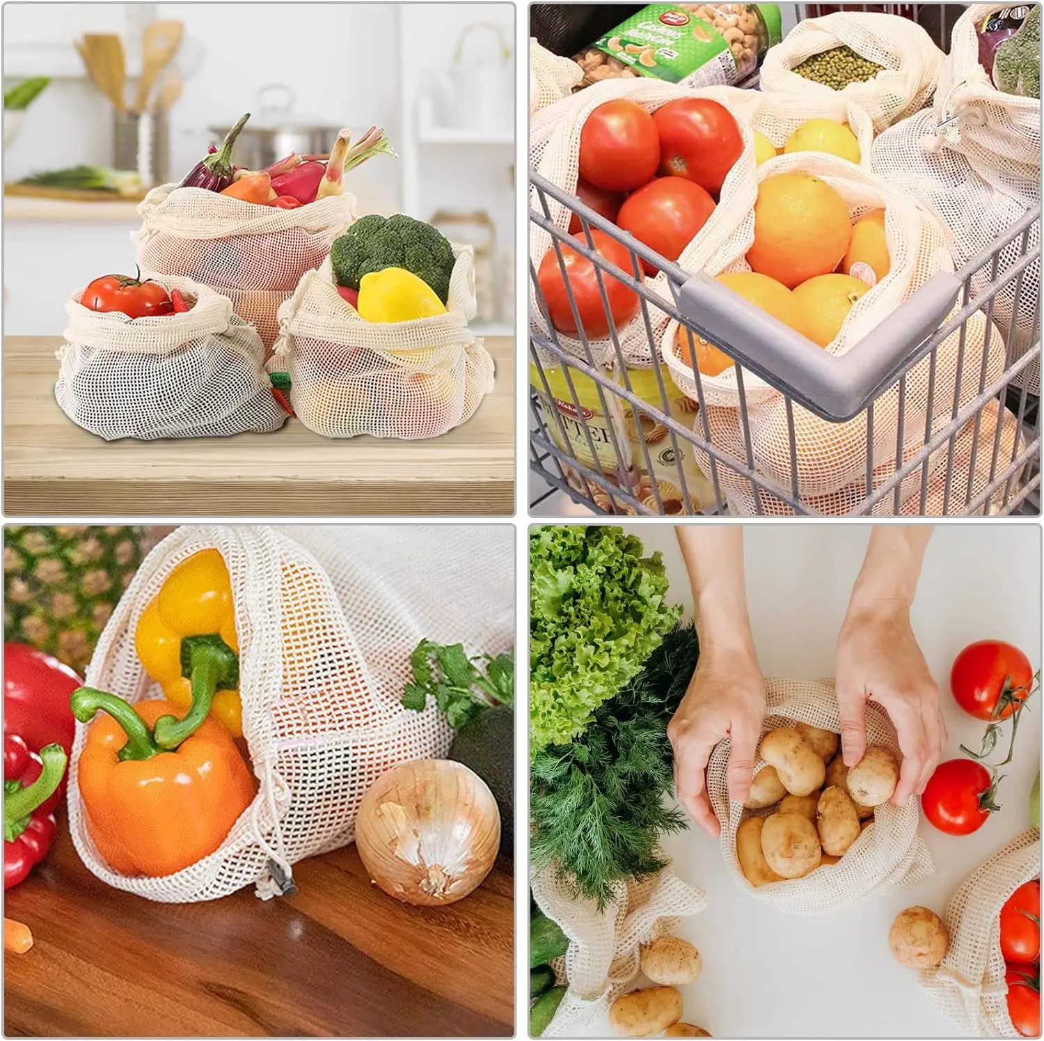 Eco-Friendly Reusable Cotton Mesh Produce Bags - Set of 3