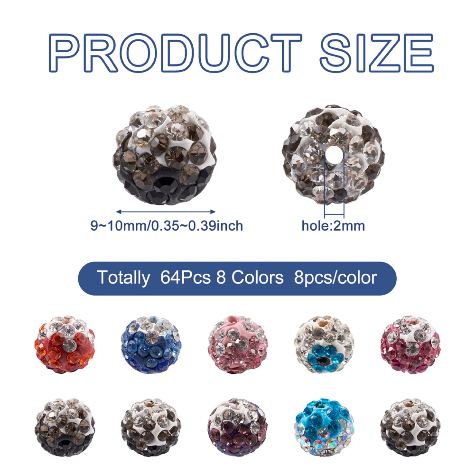 64Pcs 10mm Handmade Polymer Clay Rhinestone Crystal Ball Beads Spacer Charms For Bracelet Necklace Earring DIY Jewelry Making