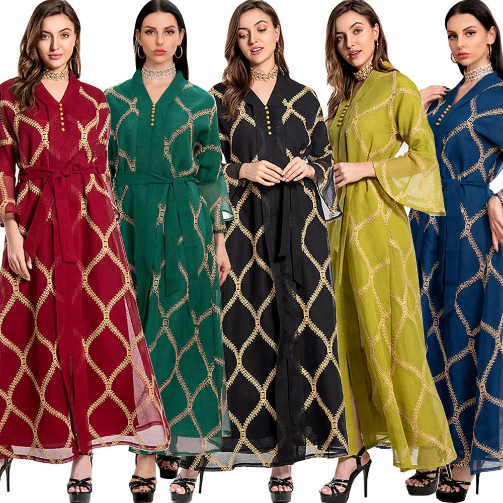 

Embroidery Evening Dress Women Abaya Hijab Long Robe Islam Kaftan Big Swing Dubai Lace-up Vestido Caftan Marocain Muslim Clothes
