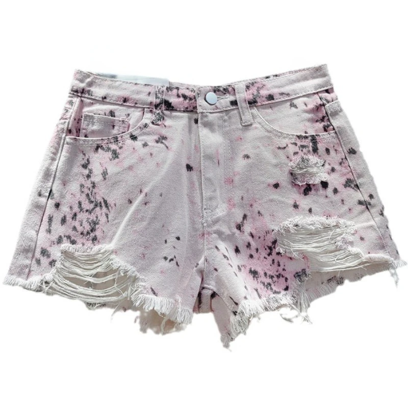 European and American Style Printed Sexy Ripped Tassel Raw Hem High Waist Slimming Denim Shorts Wide Leg Hot Pants for Women