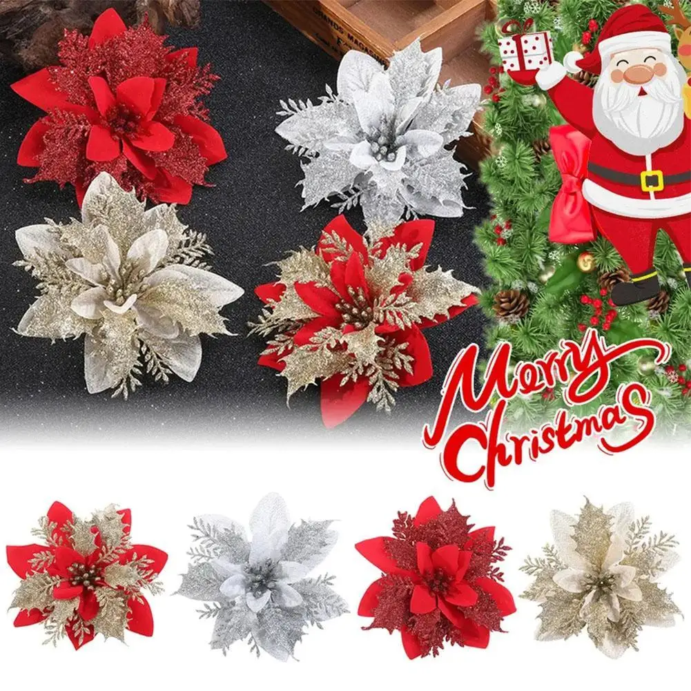 

5pcs Christmas Simulation Flower Glitter Merry Xmas Tree Artifical Fake Floral Decoration Happy New Year Ornaments For Party
